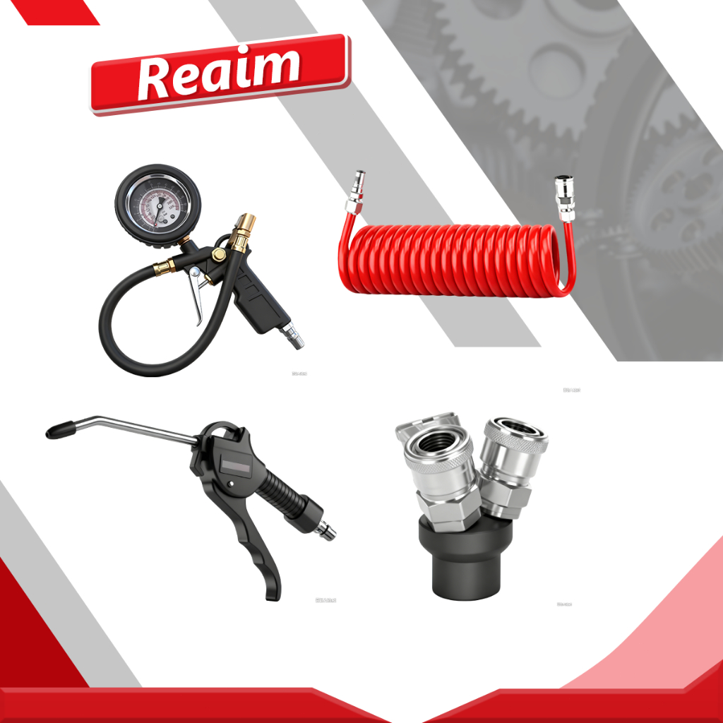 REAIM ชุดอุปกรณ์ปั๊มลม เกจวัดแรงดันลมยางแบบเติมลม พร้อมหัวเติมลม ข้อต่อเร็ว ปืนเป่าลม และสายลมสปริง