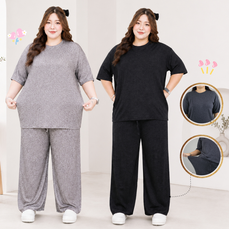 ชุดเซ็ท สาวอวบ ไซส์ใหญ่ เสื้อคอกลม กางเกงขายาว ทรงขากระบอก ผ้าร่อง เนื้อผ้านิ่ม ระบายอากาศได้ดี cb9016#