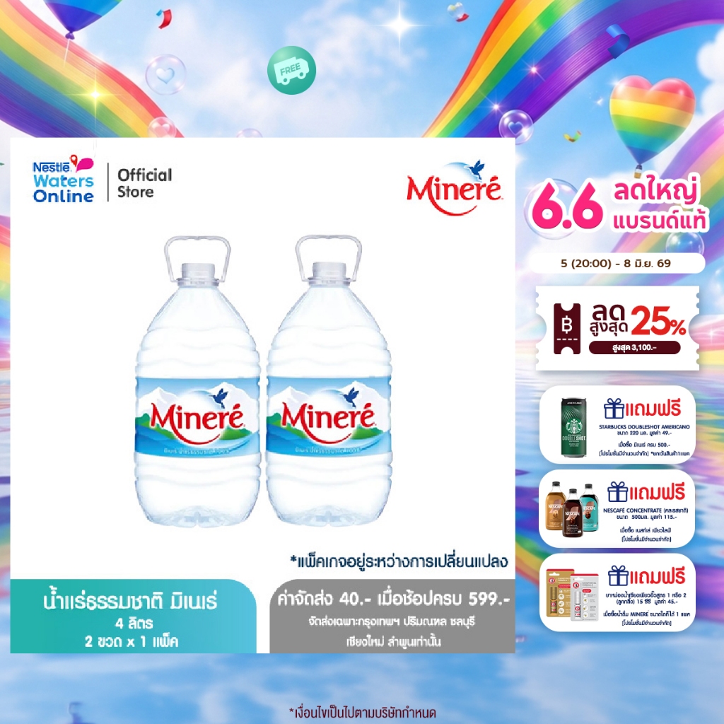 [จัดส่งกรุงเทพฯ ปริมณฑล ชลบุรี เชียงใหม่ ลำพูน] น้ำแร่ธรรมชาติมิเนเร่ 4ล. (2 ขวด)