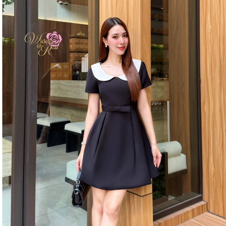 (Widelia มี2XL) สีดำ Quiet Luxury Dress เดรสผ้าซอฟสูทสีดำ สวยอยู่ทรงตัดเย็บเนี๊ยบ คอบัว แต่งโบว์ที่เ