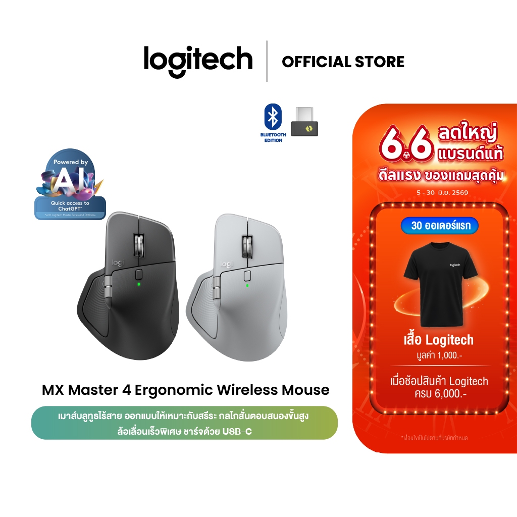 Logitech MX Master 4 Ergonomic Wireless Mouse เมาส์บลูทูธไร้สาย กลไกสั่นตอบสนองขั้นสูง ล้อเลื่อนเร็วพิเศษ
