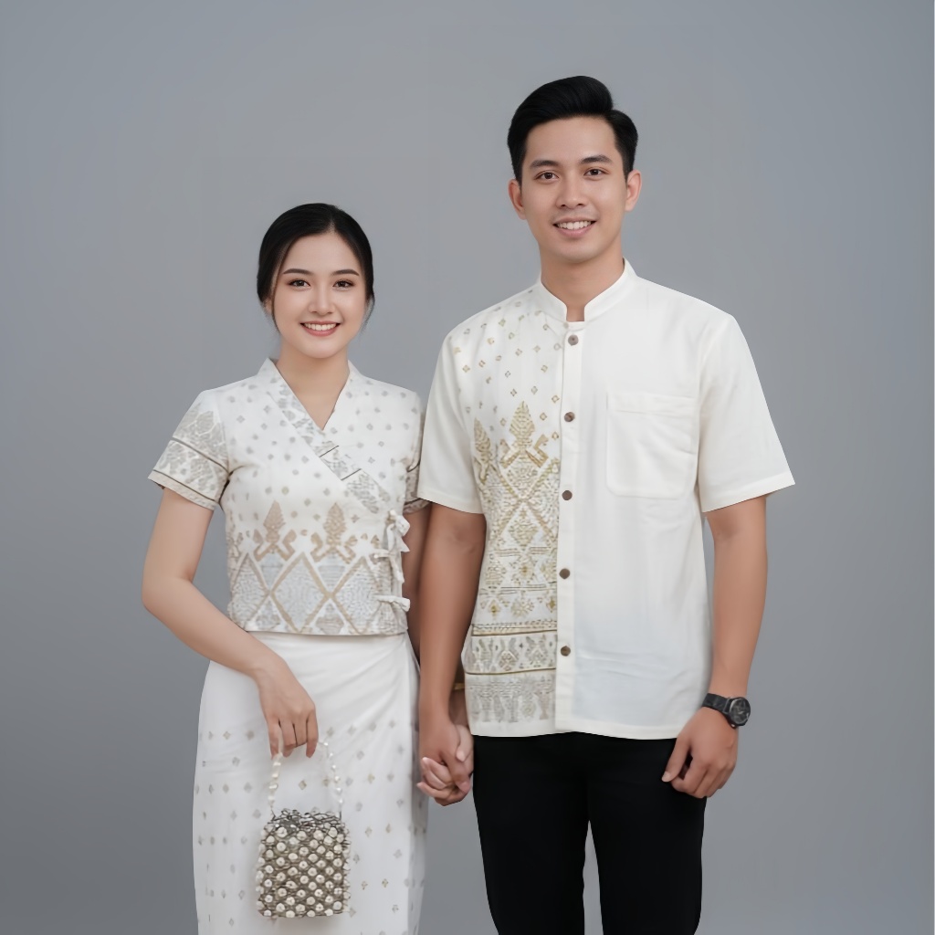 เสื้อพื้นเมืองผ้าฝ้าย ผู้ชายและผู้หญิง ดีไซน์ลายไทย เนื้อหมักโคลนไม่หยาบแข็ง แถม!!ถุงใส่แก้วน้ำ