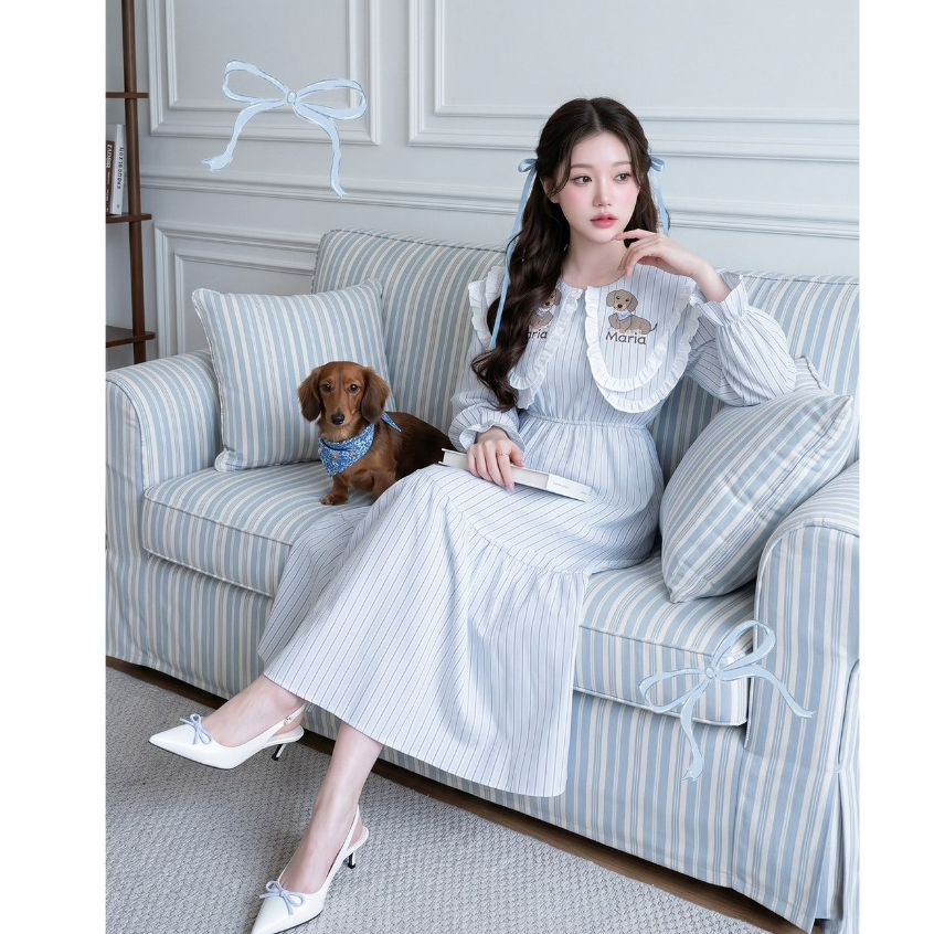 (มี3XL) สีฟ้าตุ่น Happy Lucky Dress เดรสยาวแขนยาว ผ้าคอตตอนลายริ้ว ผ้าไม่หนา เอวสม็อค ปกสองชั้นปักน้องหมา ซิปหลัง มีซับ