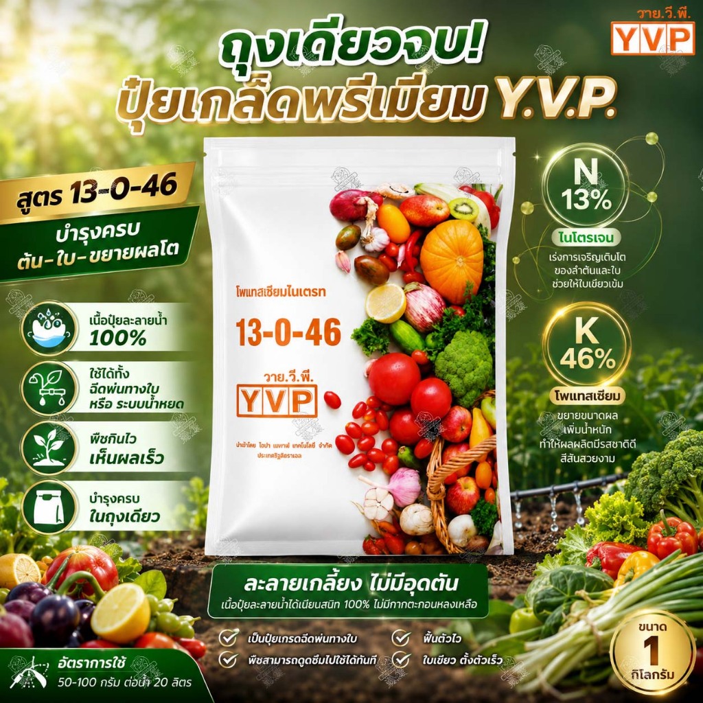 ปุ๋ยเกล็ด 13-0-46 (1 กิโลกรัม) โพแทสเซียมไนเตรท ละลายน้ำง่าย ไร้ตะกอน ปุ๋ยทางใบ ปุ๋ยระบบน้ำ