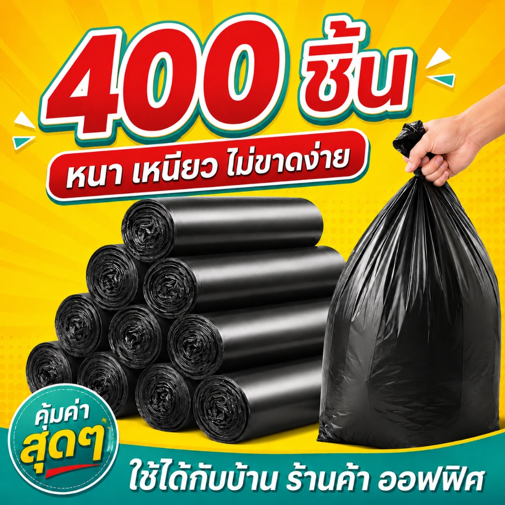 ถุงขยะแบบม้วน ถุงดำเกรด A เหนียวพิเศษ ไม่มีกลิ่น คุ้มค่า ใช้ในบ้าน พร้อมส่ง