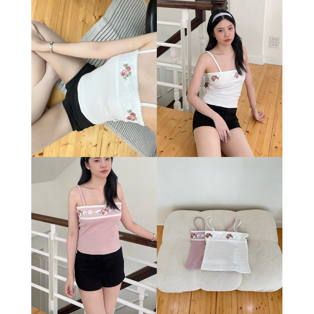 (เติมขาว💐)HASU63 Prim rose เสื้อสายเดี่ยว เกาะอก แต่งลูกไม้ (happysummer.bkk)