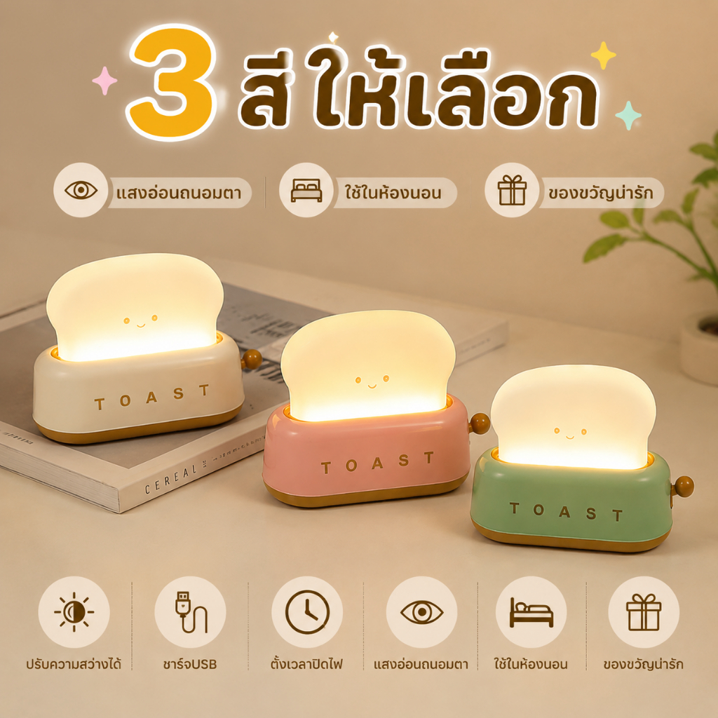 โคมไฟขนมปัง LED ไฟกลางคืน ไฟหัวเตียง ไฟตกแต่งห้องนอน น่ารัก ปรับความสว่างได้ ของขวัญวันเกิด
