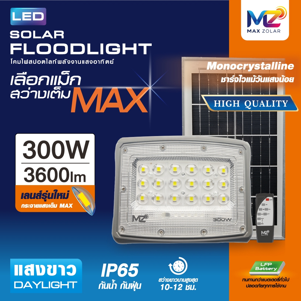 "ใหม่" MAX ZOLAR สปอตไลท์ LED SOLAR FLOODLIGHT 300W DAYLIGHT แสงขาว IP65 สว่างเต็มพื้นที่ Toshiba Ligting