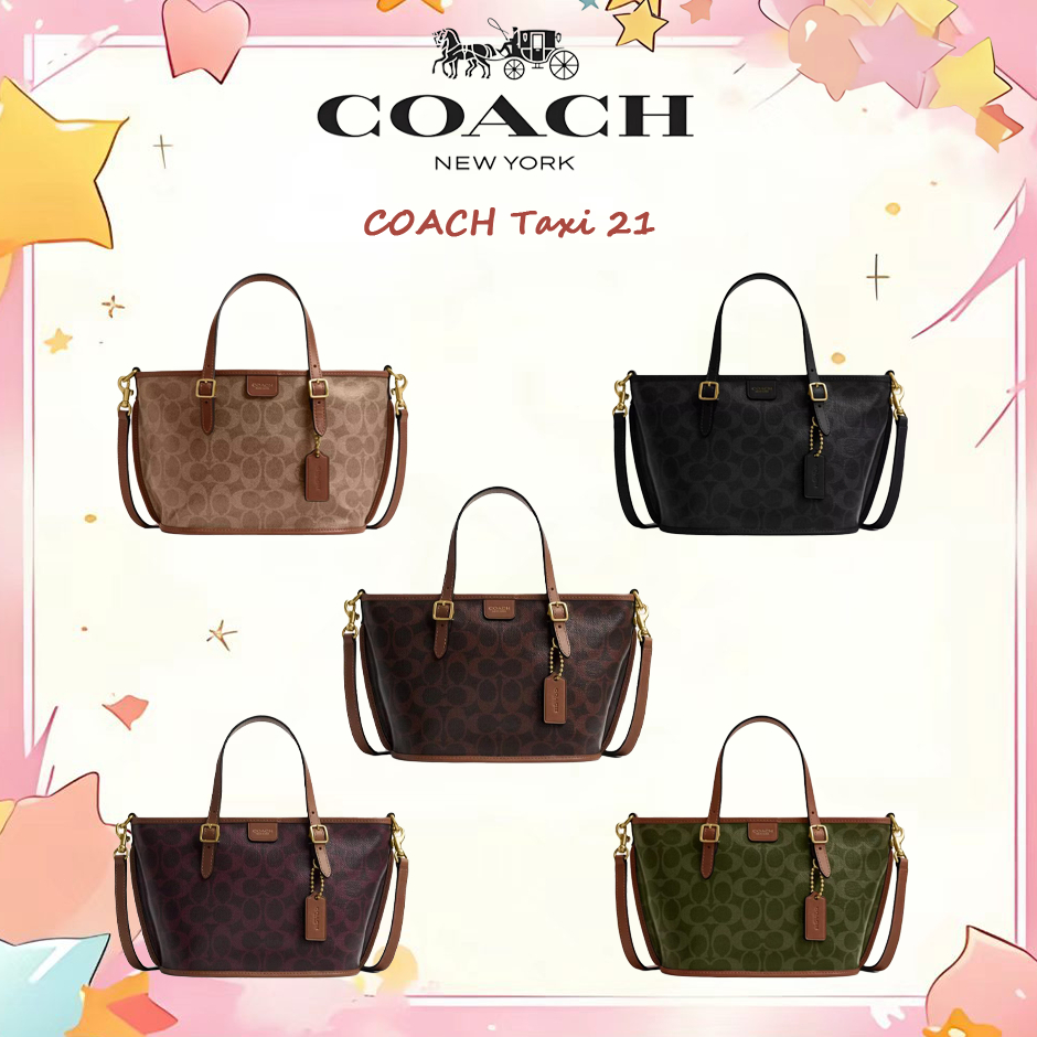 COACH Taxi 21 กระเป๋าถือ ขนาดเล็ก ลายโลโก้ ผ้าใบเคลือบ