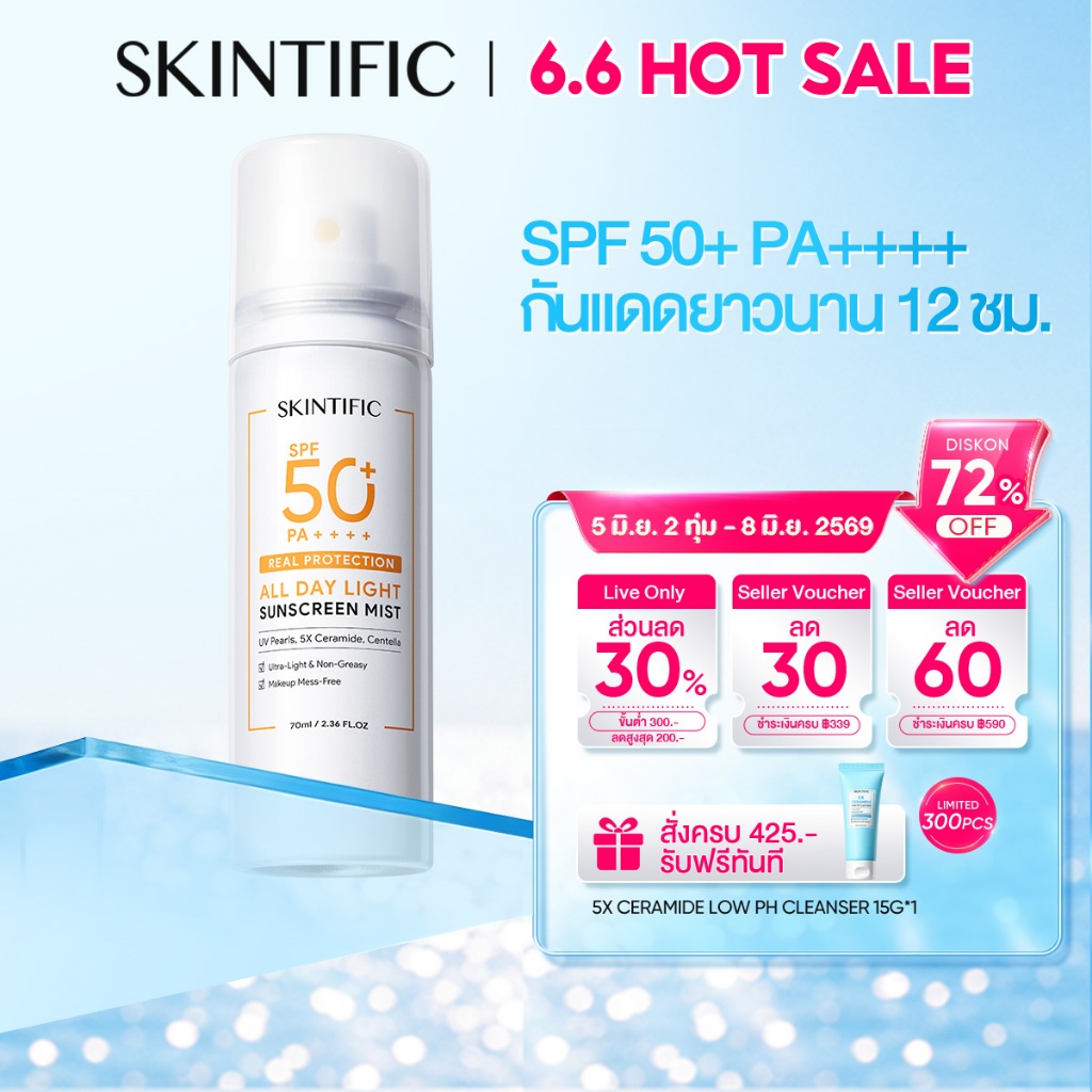SKINTIFIC- Sunscreen Spray SPF50+ PA++++ ออลเดย์ไลท์ กันน้ำกันเหงื่อ บางเบาไม่เหนียว ใช้แต่งหน้าหลังได้ ขนาด 120ML