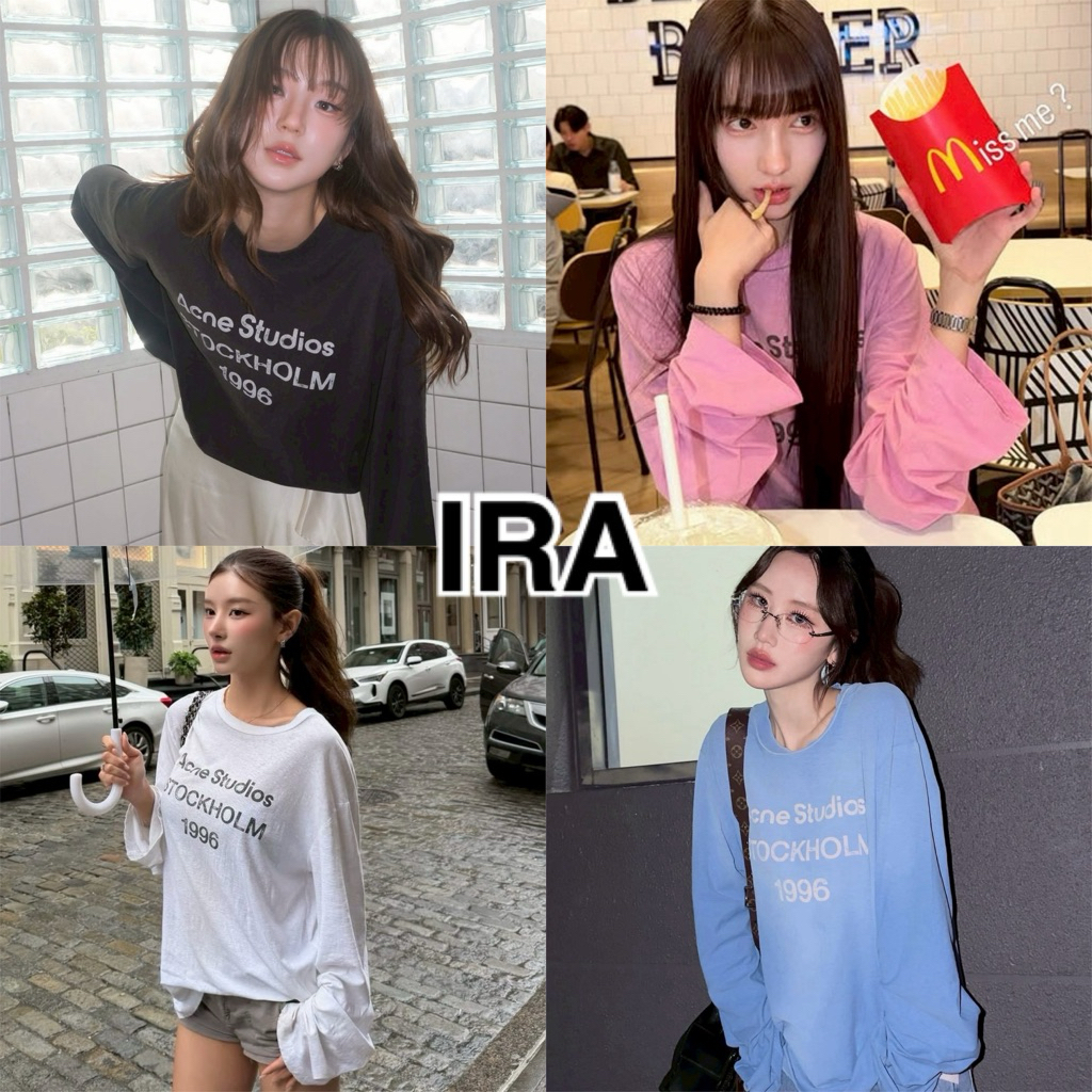 BY IRA Acne Top (2511)  โลโก้ตัวอักษรพิมพ์ ฤดูใบไม้ผลิและฤดูใบไม้ร่วงใหม่หลวมล้างผ้าฝ้ายรอบคอแขนยาวหลักฐานเสื้อยืด