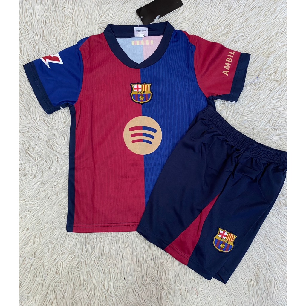 BONOIRชุดกีฬาเด็กแดงน้ำเงิน  Barcelona 2024-2025 สกรีนเบอร์9 ชื่อLAWANDOWSKI เสื้อพร้อมกางเกง