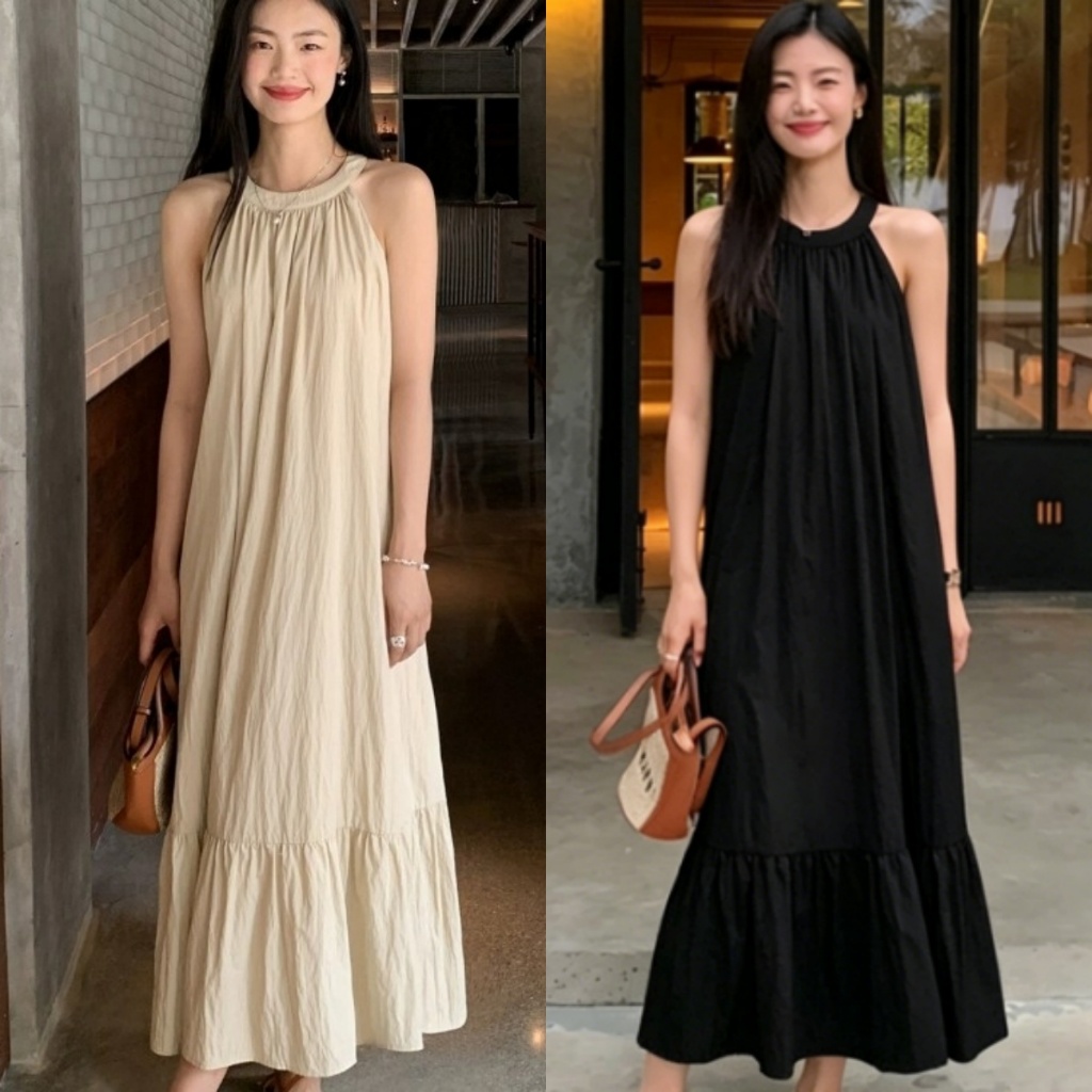 Beryl พร้อมส่ง ชุดเดรสสีพื้นคล้องคอ ทรงหลวมเรียบง่าย ไม่มีแขน ชุดเดรสยาวใส่ชายหาด สวมใส่สบายเหมาะใส่ประจำวัน รุ่นใหม่สไต