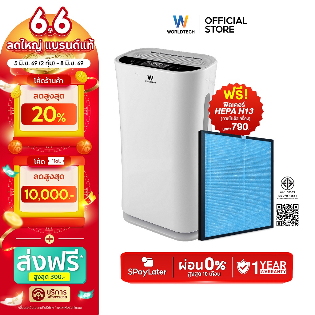 Worldtech เครื่องฟอกอากาศ Air Purifier รุ่น WT-P80 มอก. + รีโมท ประกัน1ปี