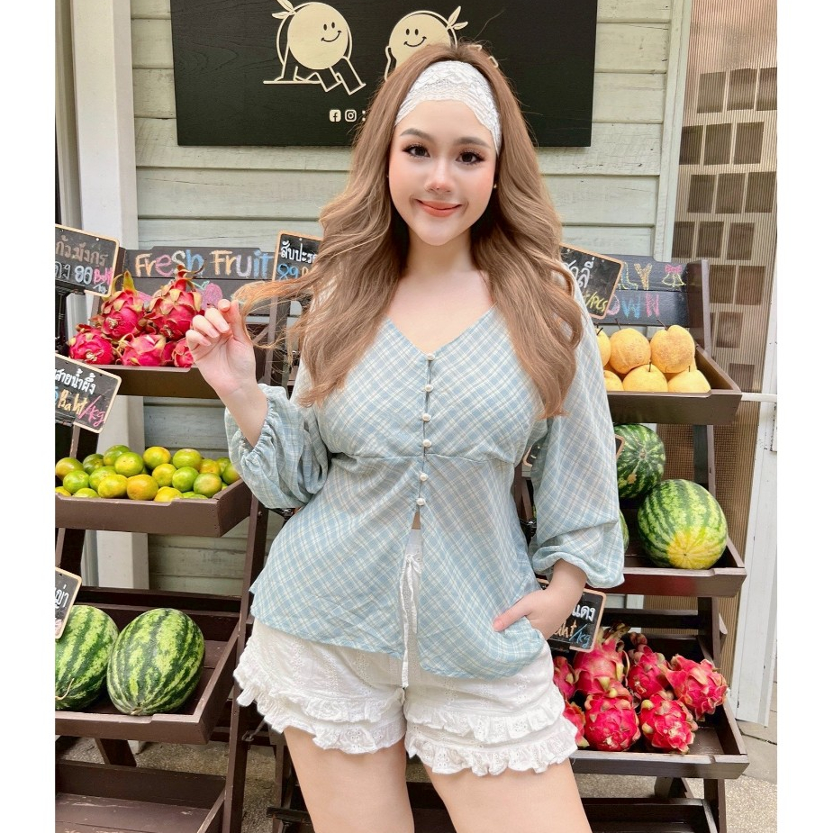 Emma Top เสื้อขายยาวชีฟองลายสก๊อต 3 สี
