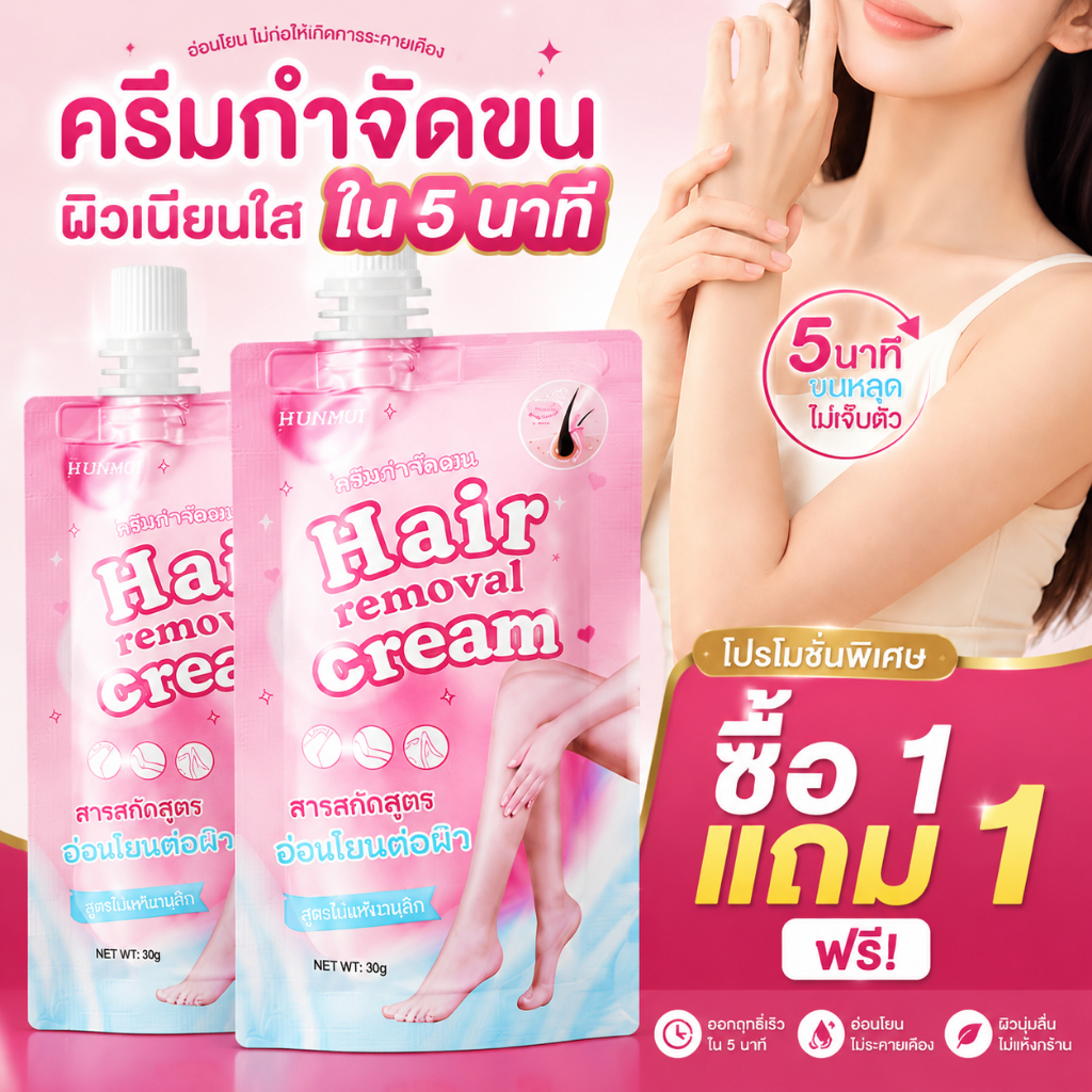 ครีมกำจัดขนแบบซอง 30g กำจัดขนไวใน 5 นาที ขนหลุดยันราก ไม่เป็นตอแข็ง ไม่แสบไม่คัน ใช้ได้กับผิวแพ้ง่าย ใช้ได้ทุกส่วนของร่า
