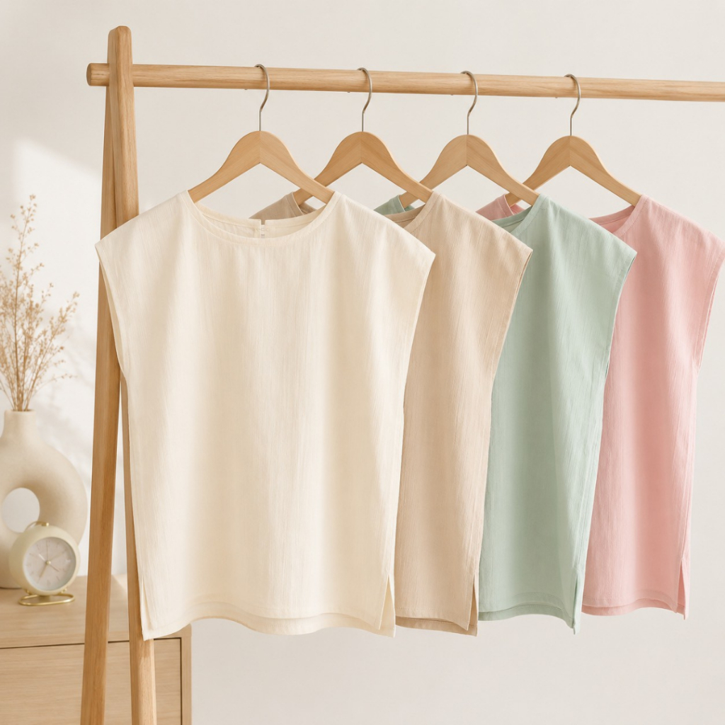 เสื้อผ้าฝ้ายแขนล้ำ (FREE SIZE รอบอก 40 นิ้ว) สีเอิร์ธโทน แบบมินิมอล ใส่เที่ยว อยู่บ้าน หน้าร้อน สงกรานต์ ใส่สบาย ไม่ร้อน