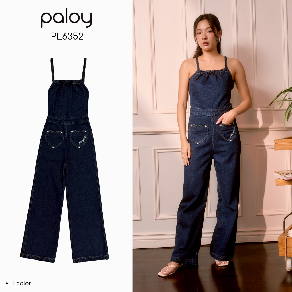 Paloy - PL6352 Sweetheart Overall เอี๊ยมยีนส์ อกรูดด้านหน้า มีสายผูกไขว้หลัง แต่งDetail ปักหัวใจ