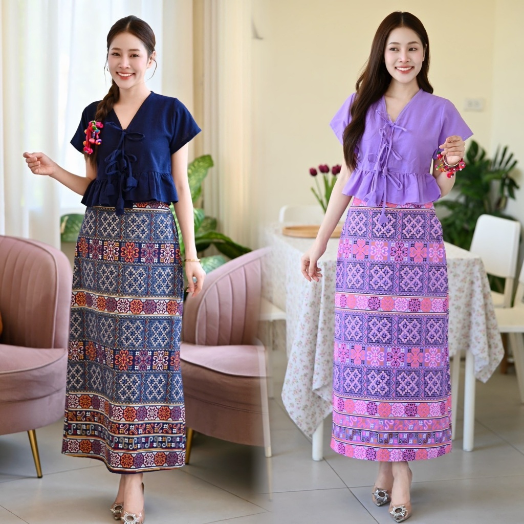 ชุดพื้นเมือง เซ็ทเสื้อผูกหน้า+กระโปรงล้านนา งานผ้าฝ้ายแท้100%/สินค้ามีพร้อมส่ง