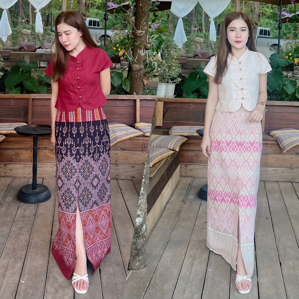 ชุดเซทผ้าฝ้ายลายไทยเสื้อคอจีนชายโค้ง กระโปรงผ่าหน้า