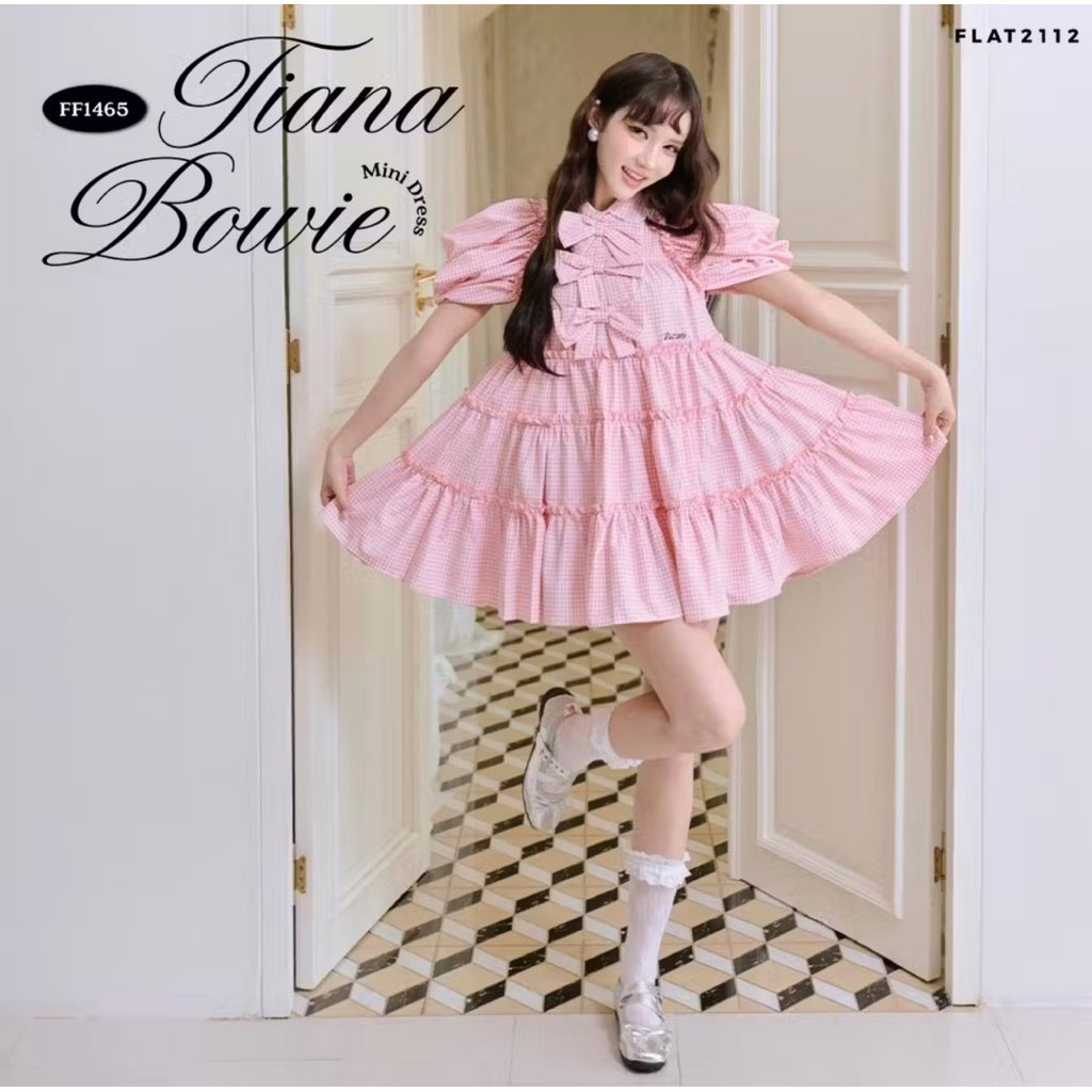 NEW มือ1🩷(ไซส์ XL) FLAT2112 : TIANA BOWIE MINI DRESS เดรสสั้นสีชมพูลายสก็อต เดรสลายสก็อตผู้หญิง เดรสโบว์น่ารัก  (FF1465)