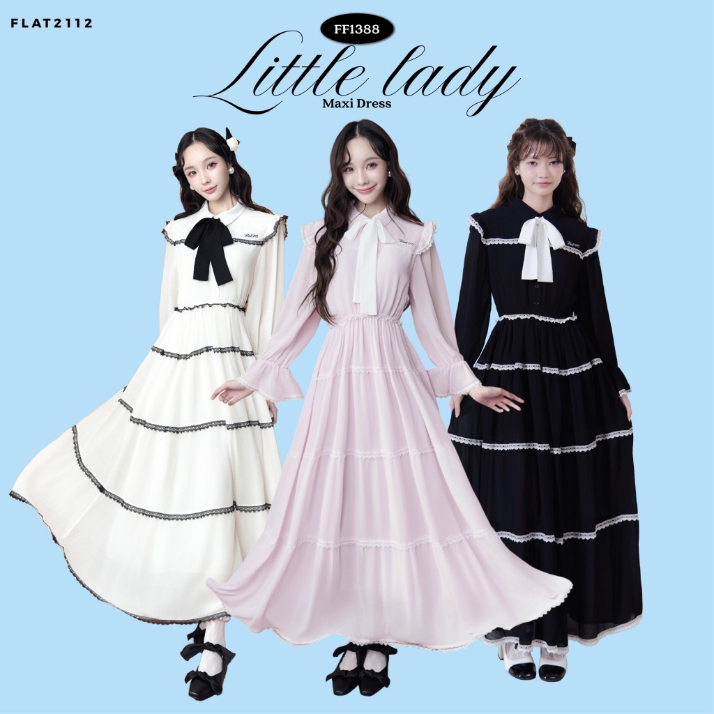 FLAT2112 : LITTLE LADY MAXI DRESS เดรสยาวสีดำผ้าชีฟองผูกโบว์ เดรสลุคคุณหนู เดรสออกงาน สวยเด่นวินเทจ ใส่ออกงาน (FF1388)