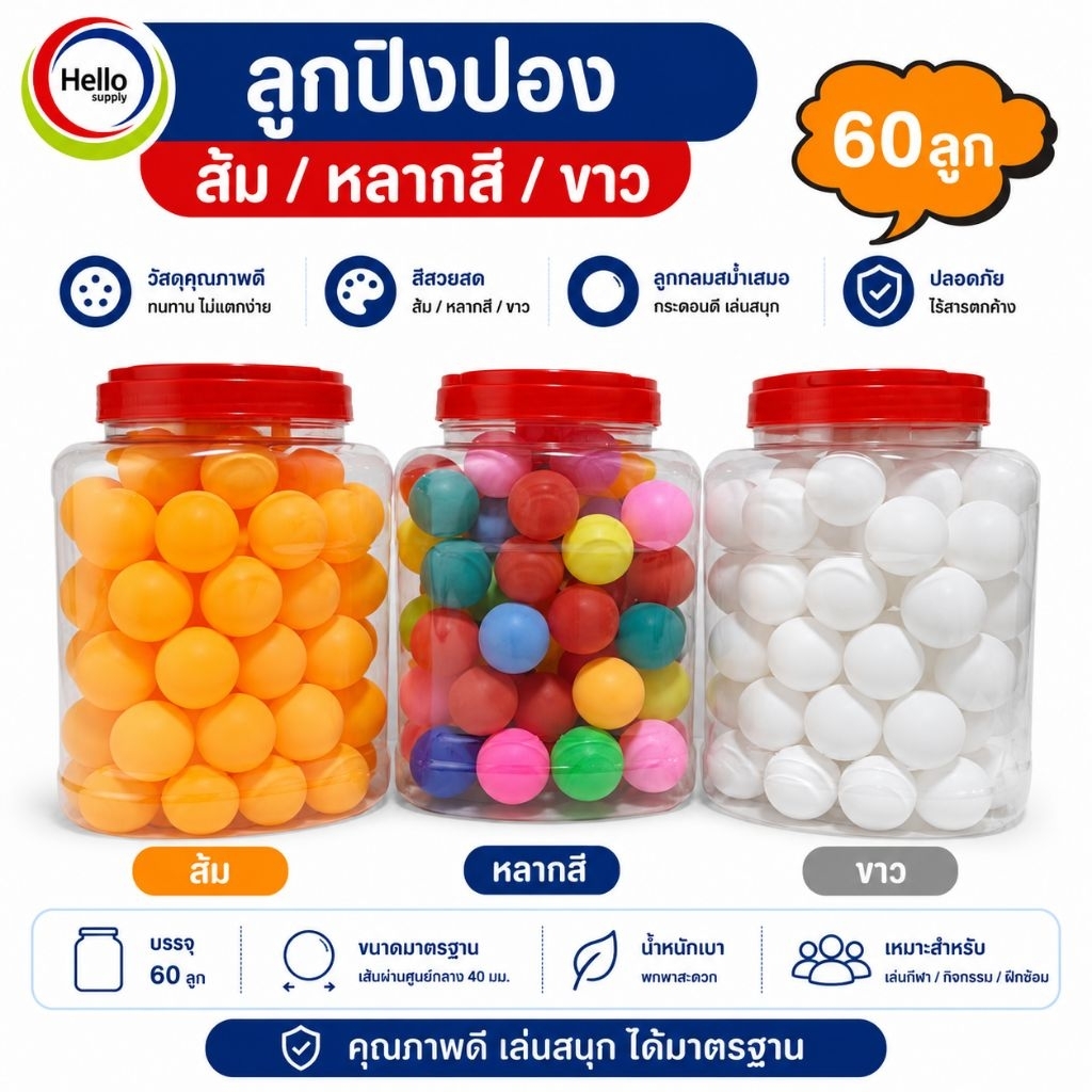 ลูกปิงปอง 1 ชุด 60 ลูก พร้อมโหล ปิงปอง สีส้ม สีขาว เกรด AAA