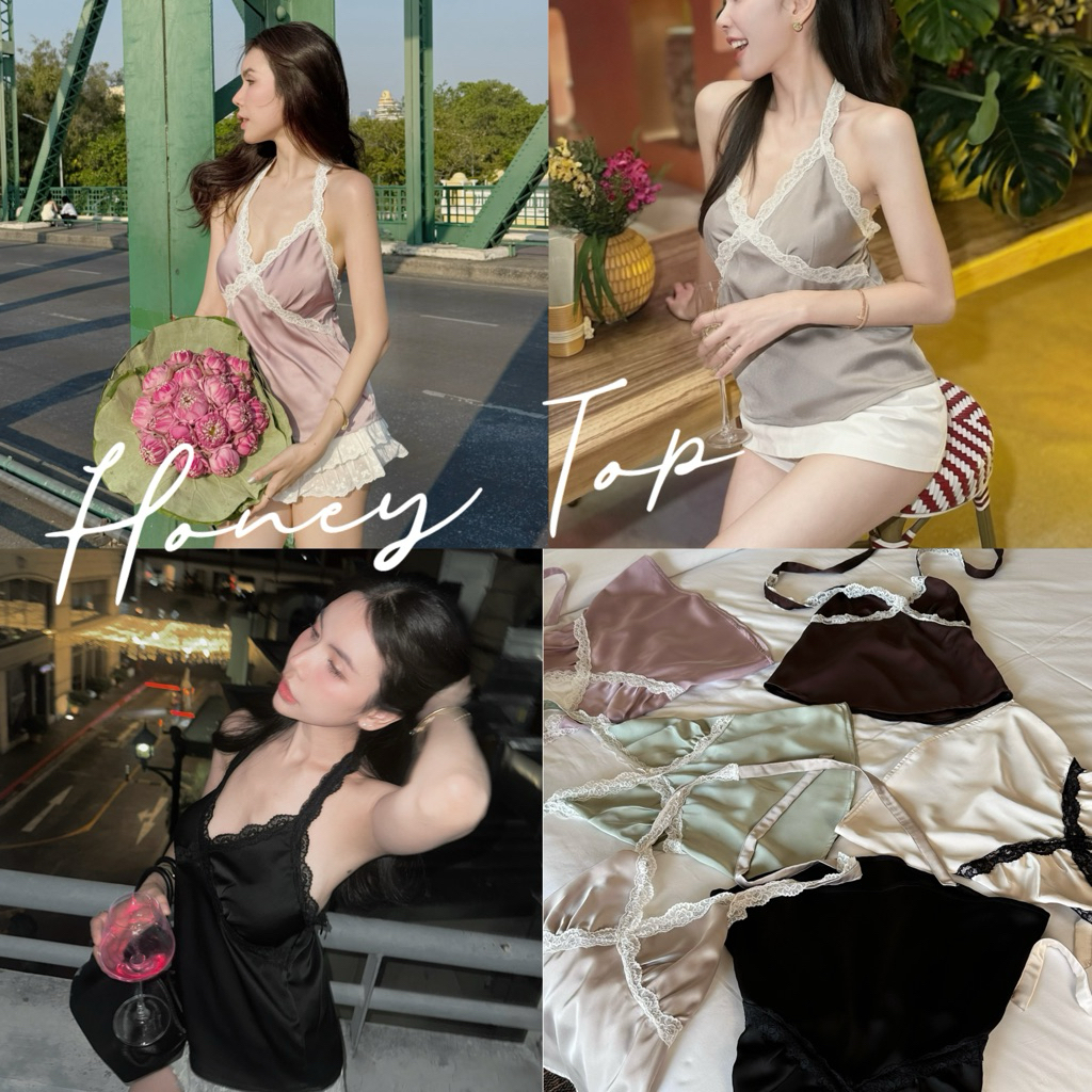 Honey Top เสื้อซาติน ผูกคอแต่งลูกไม้