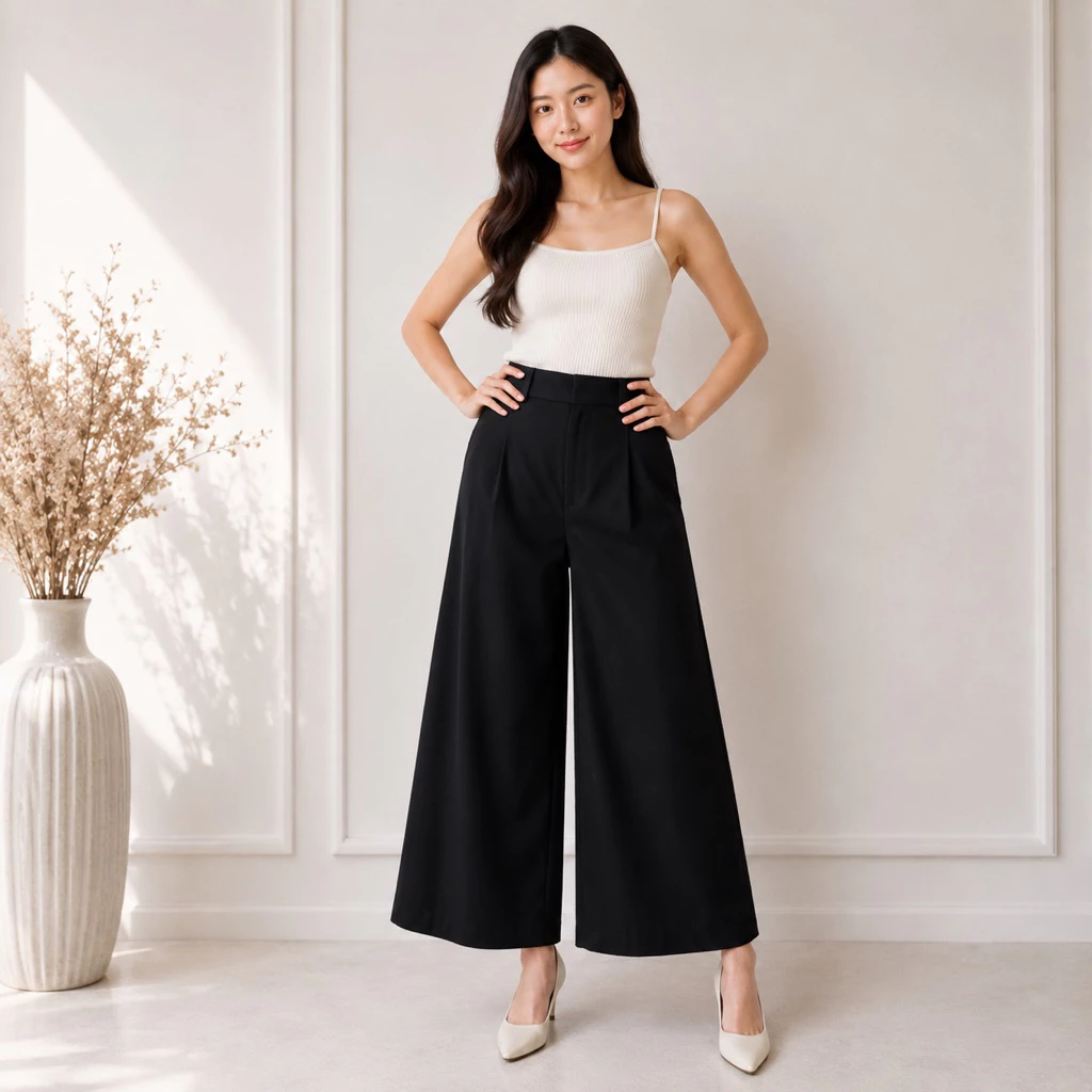 กางเกงขายาวขากว้าง เอวสูง ผ้าทิ้งตัว พรางขา รุ่น Wide Flow Pants