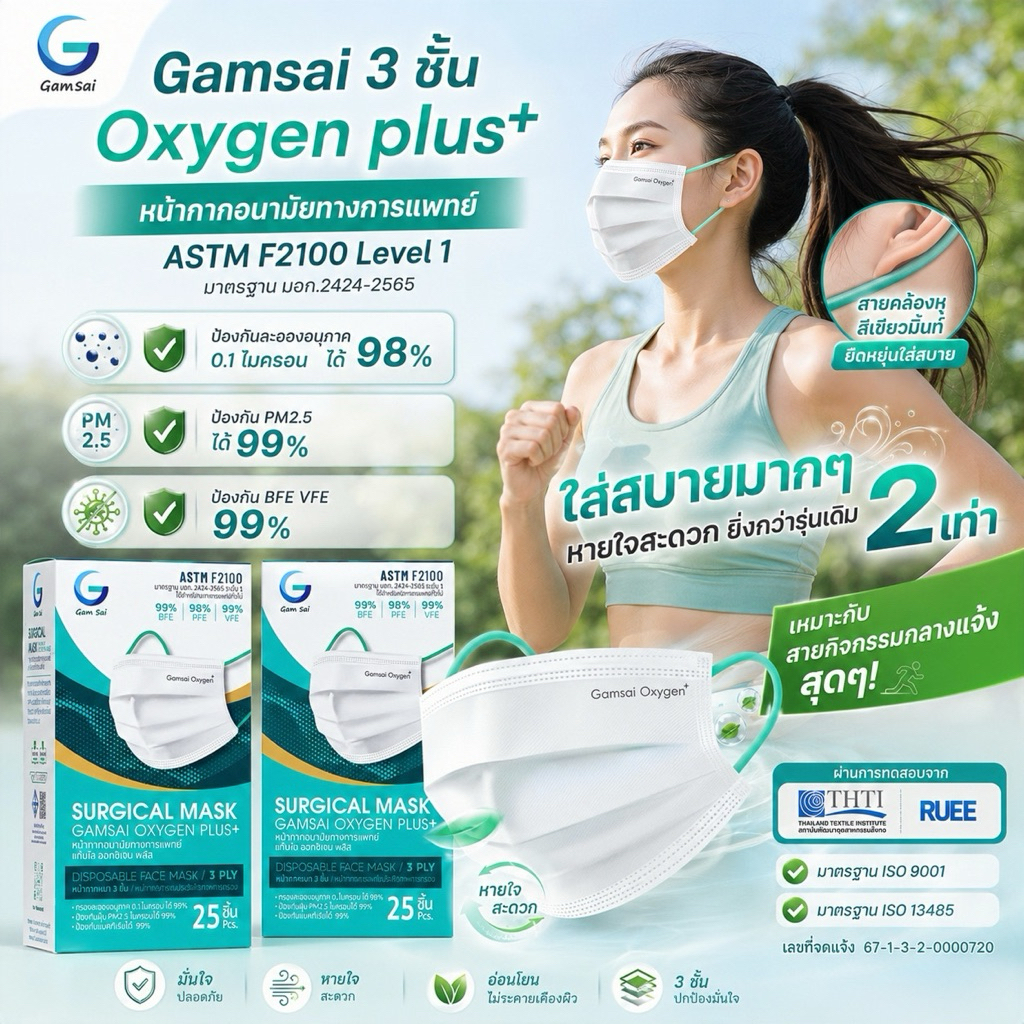 GAMSAI OXYGEN PLUS_L1 **แพค4กล่อง/1ลัง** หน้ากากอนามัยทางการแพทย์หน้ากากป้องกันป้องกันฝุ่นPM2.5 ไวรัสและแบคทีเรียหนา3ชั้