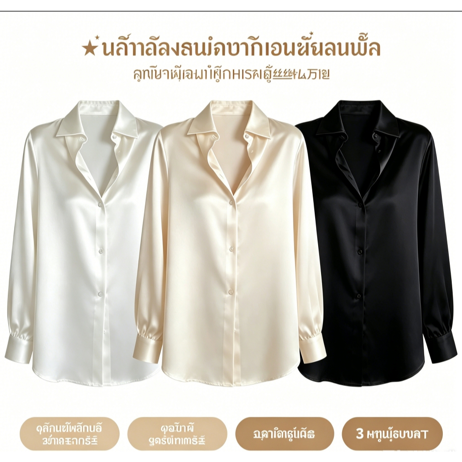 3m7 จัดส่งภายใน 24 ชั่วโมง เสื้อเชิ้ตผ้าซาตินสไตล์ฝรั่งเศส คุณภาพพรีเมียม เสื้อเชิ้ตผ้าซาติน、เสื้อทำงานผู้หญิง