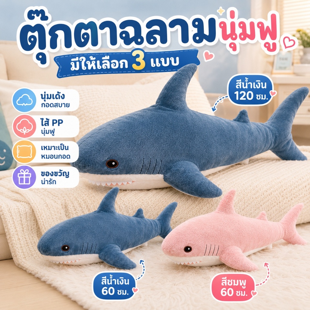 ตุ๊กตาฉลาม 60/120cm หมอนฉลามตัวใหญ่ ตุ๊กตาปลาฉลามนุ่มฟู หมอนกอดน่ารัก ของขวัญเด็ก สีน้ำเงิน/สีชมพู