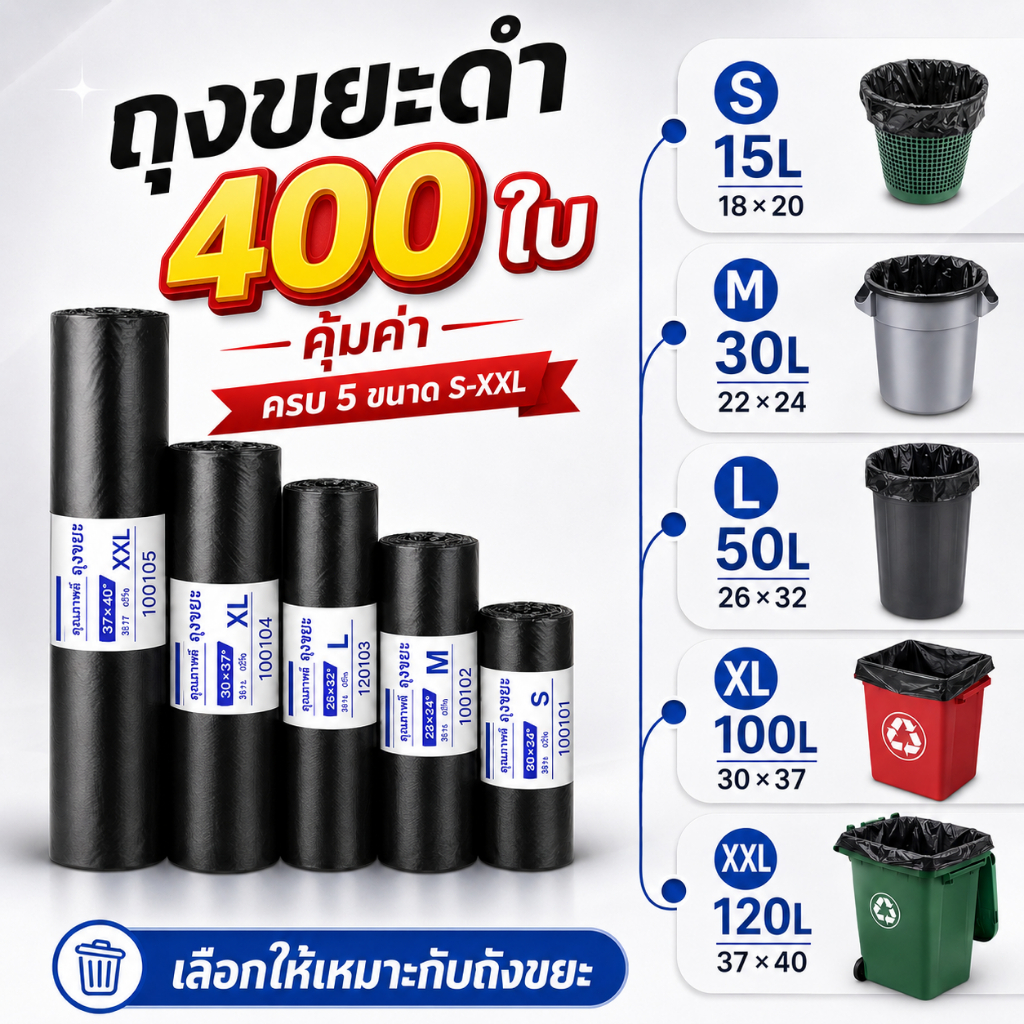 ถุงขยะดำ ถุงขยะม้วน ปากเรียบ หนา เหนียว ไม่รั่วซึม สำหรับบ้าน ห้องครัว สำนักงาน