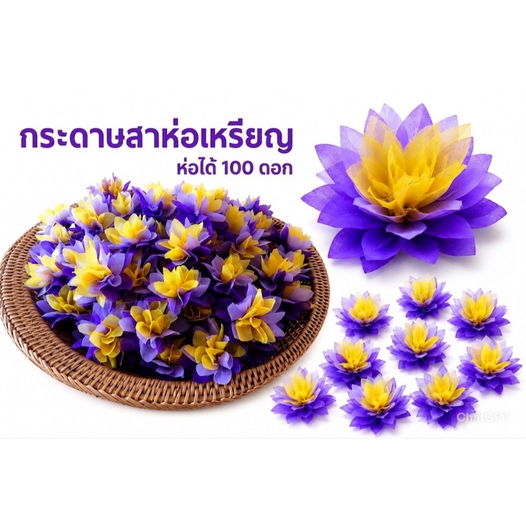 กระดาษสาห่อเหรียญ ดอกบัวม่วง 3 ห่อ ( ม่วงเข้ม1 ม่วงอ่อน 1 เหลือง 1)