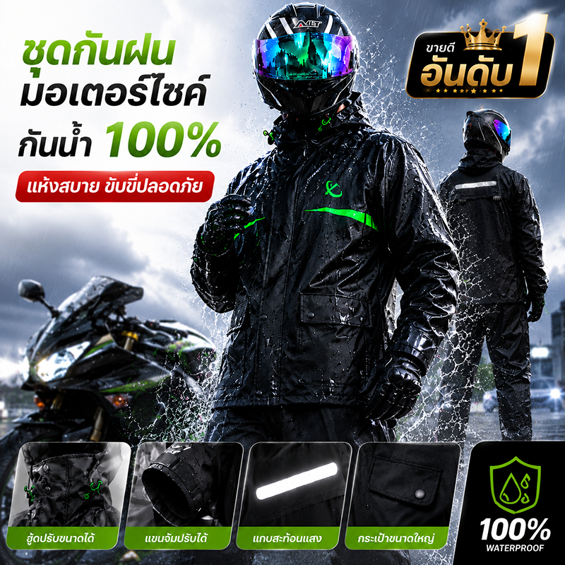 ชุดคลุมกันฝนสำหรับรถจักรยานยนต์ ป้องกันฝนตกหนัก กันน้ำได้นานถึง 24 ชั่วโมง แถบสะท้อนแสงกว้างขึ้นเพื่อความปลอดภัยในการขับ