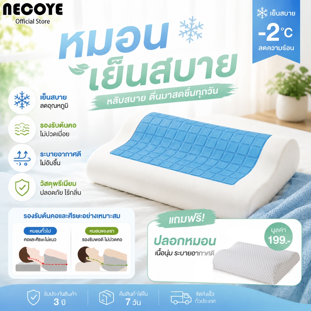 NCY หมอนErgonomic หมอนสุขภาพ หมอนเมมโมรี่โฟมผสานเจลเย็น Morning Sleep Contourหมอนเมมโมรี่โฟม หลับสบายตลอดคืน ส่งฟรี