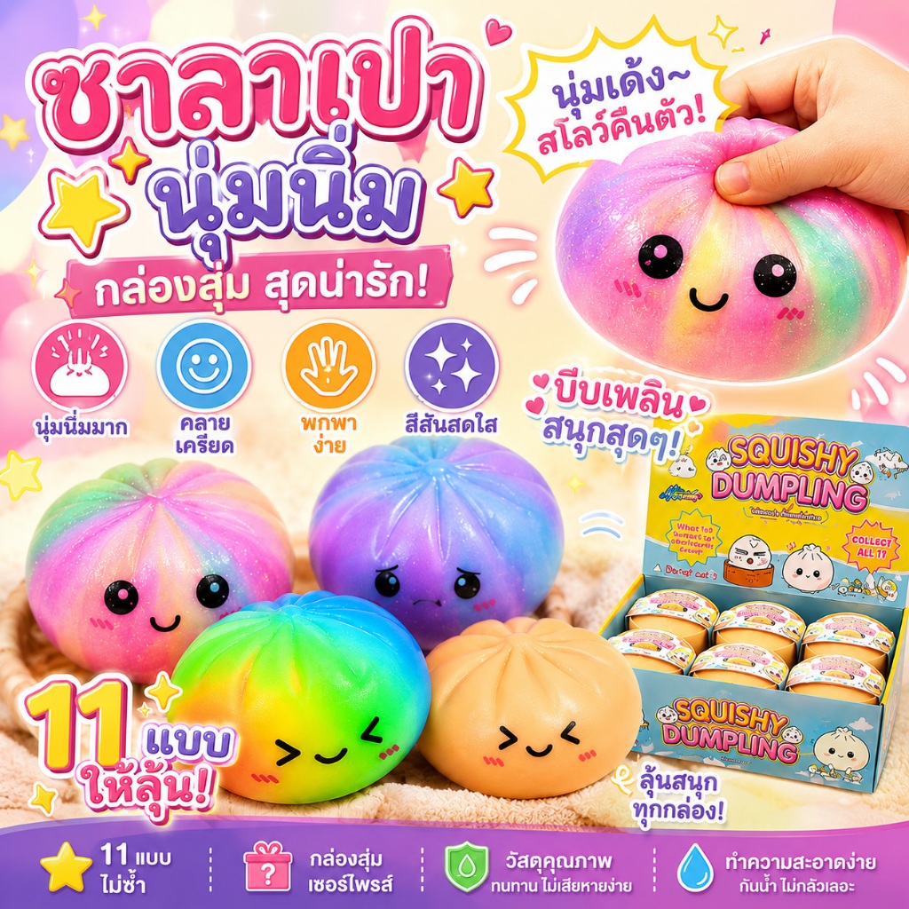 กล่องสุ่มสกุชชี่ซาลาเปาหน้ายิ้ม ของเล่นบีบคลายเครียด ลูกบอลนุ่ม สำหรับเด็ก