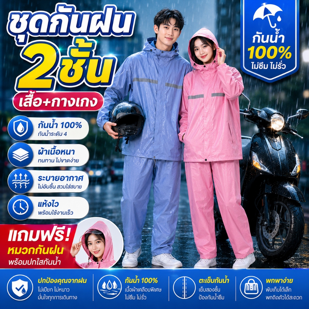 MEIC ชุดกันฝน ชุดกันน้ำ เสื้อกันฝน มีแถบสะท้อนแสง รุ่นหมวกติดเสื้อ คุณภาพดีราคาถูกมีหลายสีให้เลือก