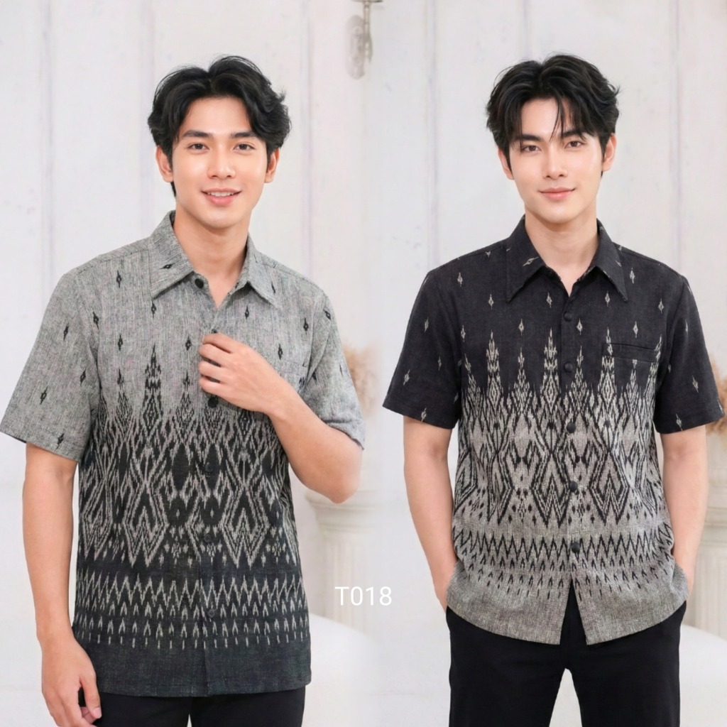 TS018 เชิ้ตผ้าทอลายคอปก มีกระเป๋า กระดุมหน้า งานอัดกาวทั้งชุด (S-5XL)