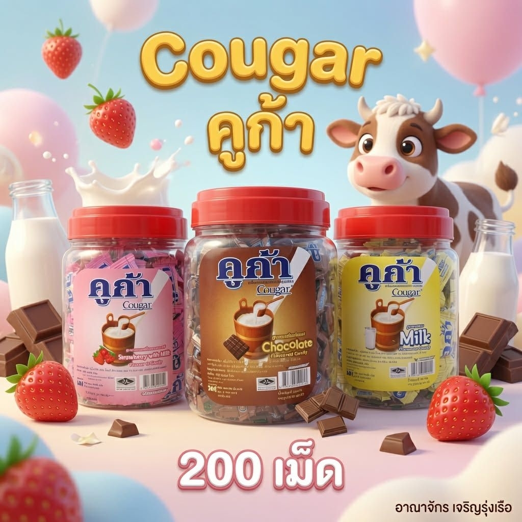 [200เม็ด] Cougar คูก้า แบบกระปุก ลูกอมรสนม​ รสช็อกโกแลต​ 540 กรัม