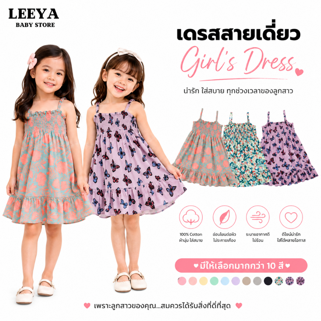 Leeya เดรสสม๊อคอก สไตล์น่ารัก  ชุดเดรสเด็ก ชุดเด็กผู้หญิง 100% Cotton Baby & Kids Dress AB