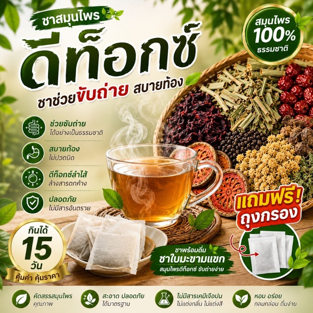 ชาสมุนไพรดีท็อกซ์ 10 ชนิด | สมุนไพร100% | ชงน้ำร้อนพร้อมดื่ม | แถมถุงกรองชา