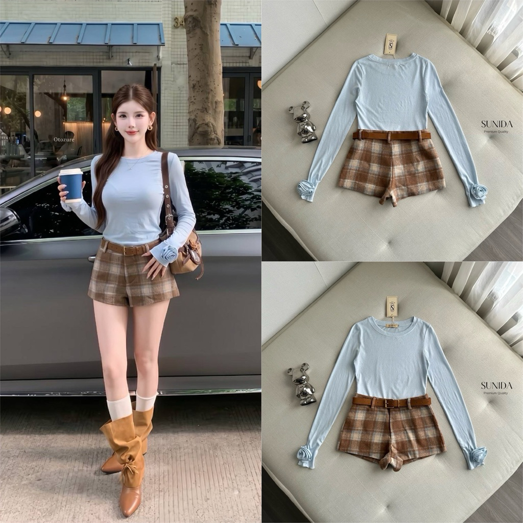 [SUNIDA] ชุดเซท 2 ชิ้น เสื้อสีฟ้าผ้ายืดแขนยาวผ้านิ่มใส่สบายมากแต่งแขนดอกไม้และกางเกงลายสก็อตสีน้ำตาล
