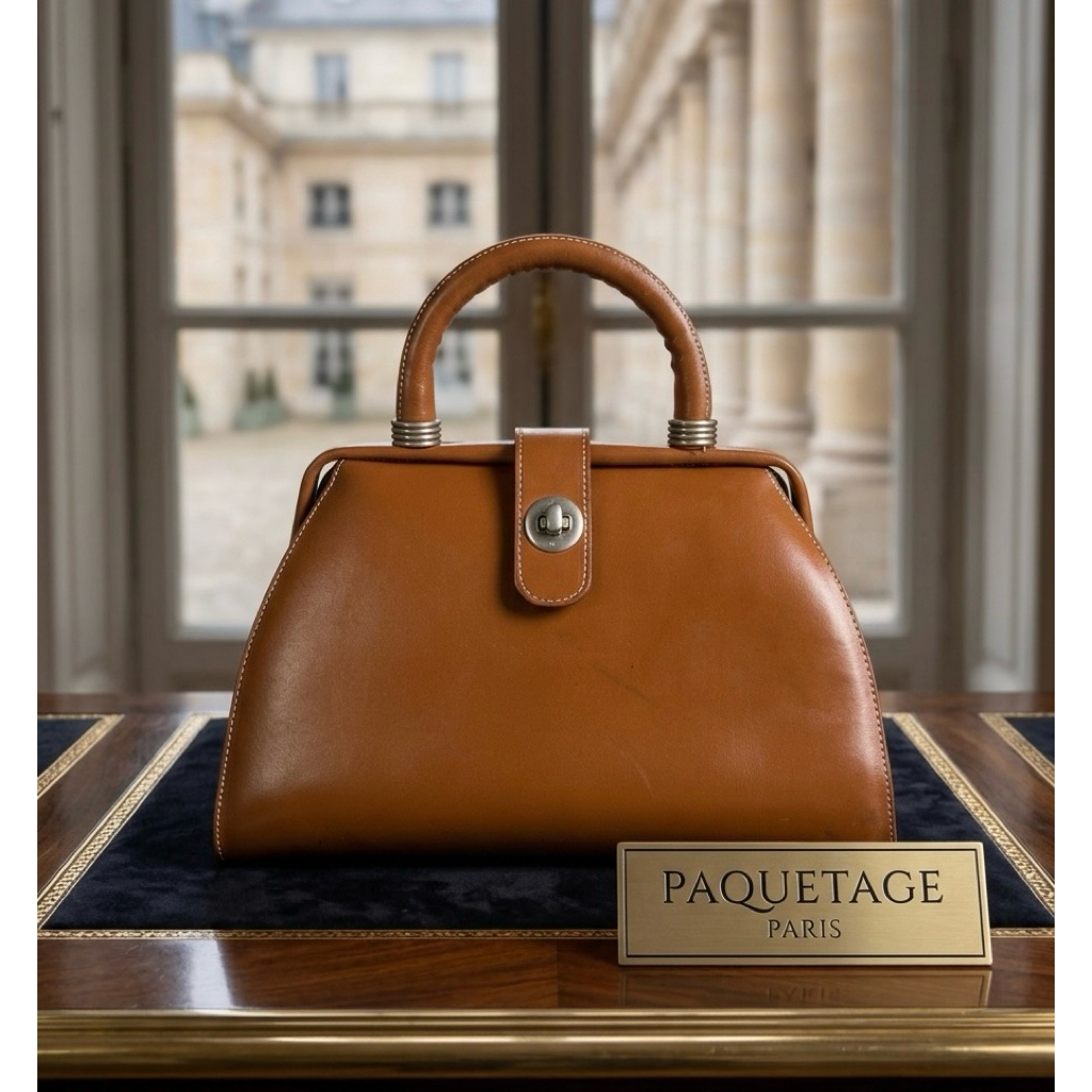 VTG 80s Paquetage Paris small brown leather new wave classic handle purse bag หนังแท้วินเทจหายาก แบร