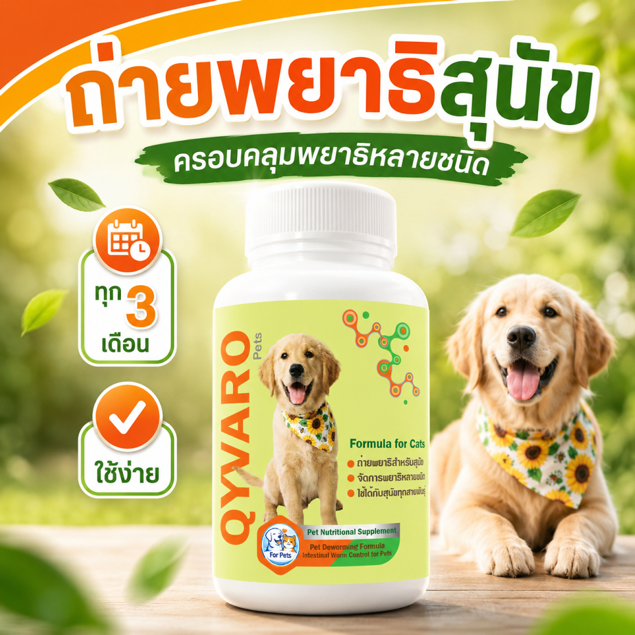 ถ่ายพยาธิสำหรับสุนัข Qyvaro ครอบคลุมพยาธิหลายชนิด ดูแลสุขภาพภายใน ใช้งานง่าย
