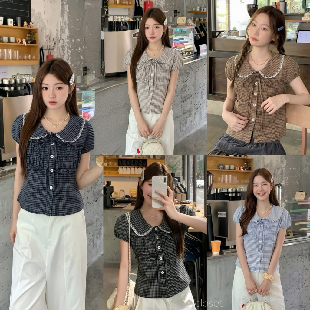 (อก28-36)เสื้อคอบัวแขนตุ๊กตาลายสก็อต detail แต่งลูกไม้น่ารักมาก(เสื้ออย่างเดียว)