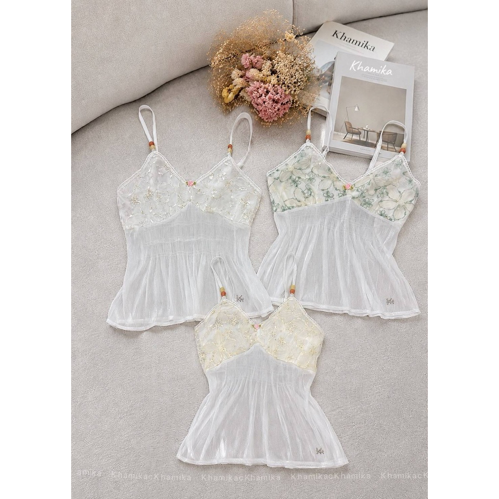 Bunny Top🌸สายเดี่ยวปักดอก แต่งชายผ้ากลิตเตอร์ ผ้าสวยแกรมมาก งานแต่งอะไหลKH (Khamikaเดี่ยวกลิตเตอร์)