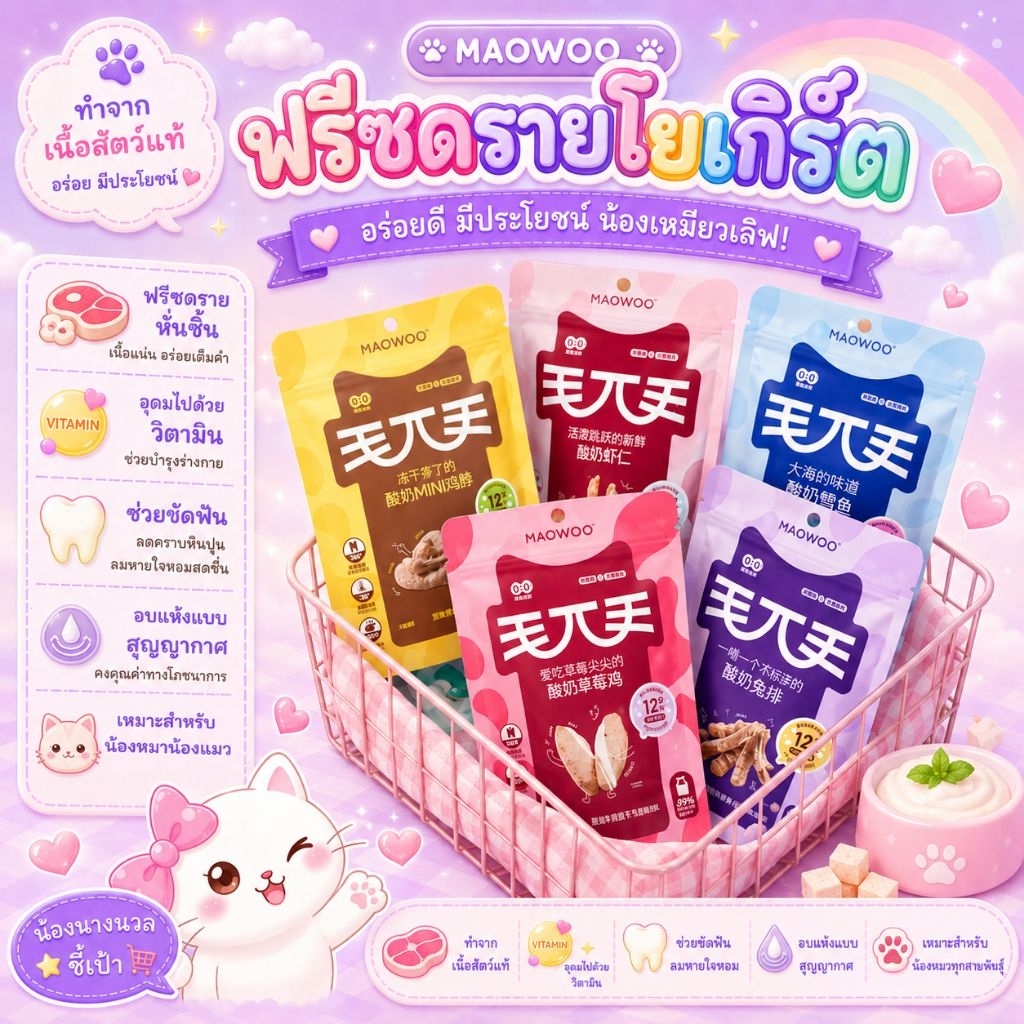 🐱🐶 MAOWOO ฟรีซดรายโยเกิร์ต ขนมฟรีซดรายสำหรับแมวและสุนัข อุดมวิตามิน ช่วยขัดฟัน อบแห้งแบบสุญญากาศ🐾