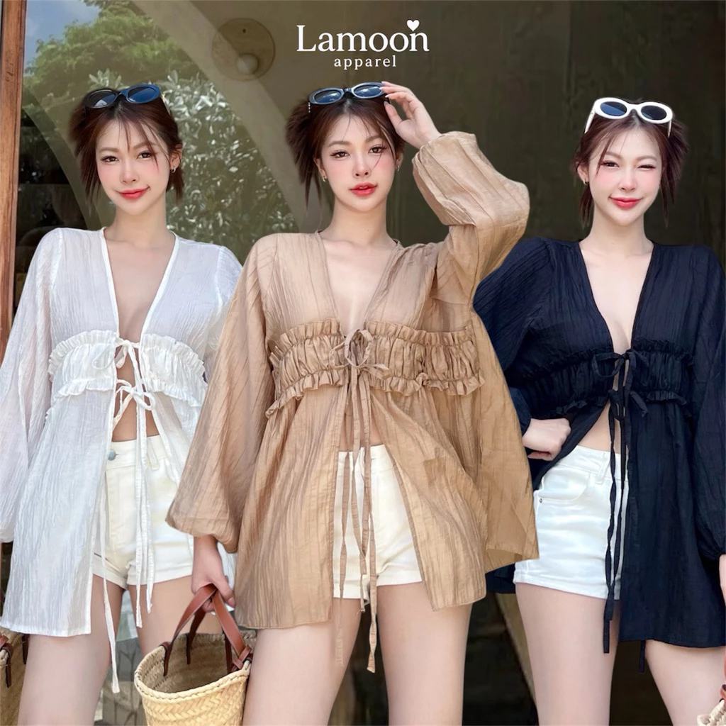 [พร้อมส่ง] Winnie top เสื้อคอวีแต่งจีบอก ผูกโบว์หน้า ชุดไปทะเล ชุดไปคาเฟ่ by Lamoon apparel