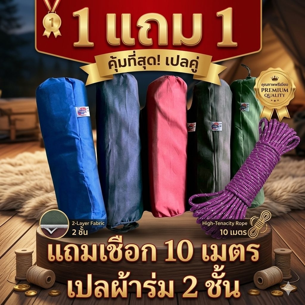 เปล+เชือก ปลผ้าร่ม 2 ชั้นคละสี [1 แถม 1] รวม 2 เปล ขนาด xxl ส่งด่วน ส่งไว ทันใจ